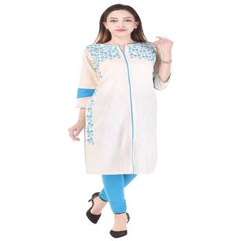 Beige Embroidered Cotton Kurti 4