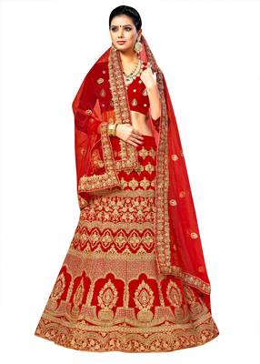 Red Embroidered Velvet Semi Stitched Lehenga 1