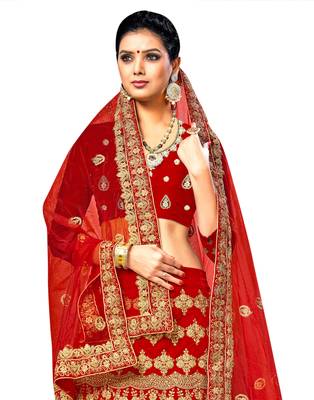 Red Embroidered Velvet Semi Stitched Lehenga 2