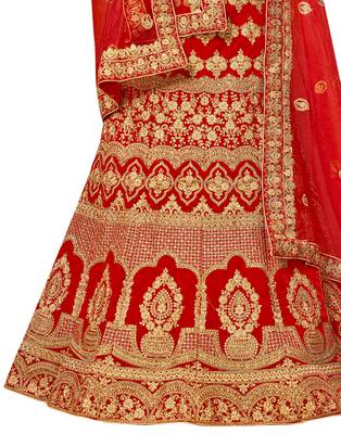 Red Embroidered Velvet Semi Stitched Lehenga 3