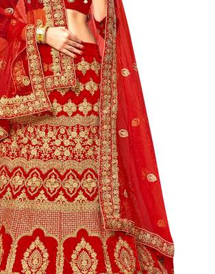 Red Embroidered Velvet Semi Stitched Lehenga 4