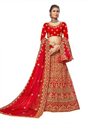 Red Embroidered Velvet Semi Stitched Lehenga 1
