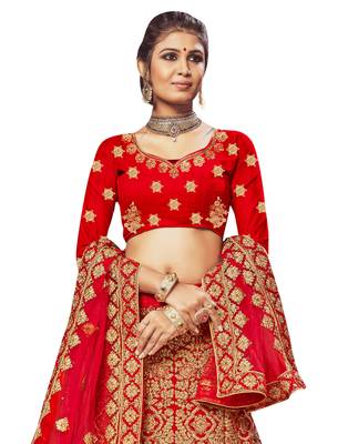 Red Embroidered Velvet Semi Stitched Lehenga 2