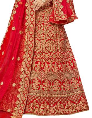 Red Embroidered Velvet Semi Stitched Lehenga 3