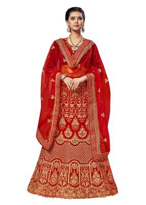 Red Embroidered Velvet Semi Stitched Lehenga 1