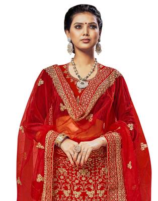 Red Embroidered Velvet Semi Stitched Lehenga 2