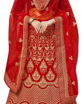Red Embroidered Velvet Semi Stitched Lehenga 4