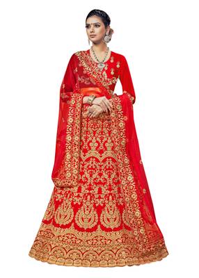 Red Embroidered Velvet Semi Stitched Lehenga 1