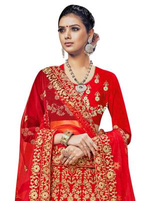 Red Embroidered Velvet Semi Stitched Lehenga 2