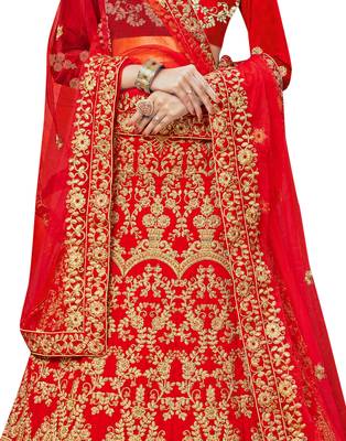 Red Embroidered Velvet Semi Stitched Lehenga 4