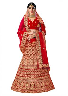 Red Embroidered Velvet Semi Stitched Lehenga 1