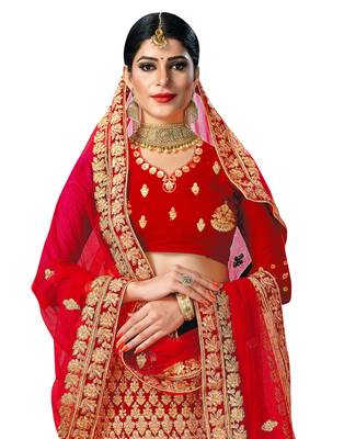 Red Embroidered Velvet Semi Stitched Lehenga 2