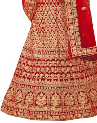 Red Embroidered Velvet Semi Stitched Lehenga 3