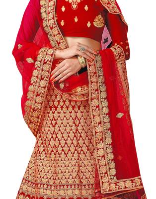 Red Embroidered Velvet Semi Stitched Lehenga 4