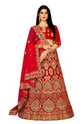 Red Embroidered Velvet Semi Stitched Lehenga 1