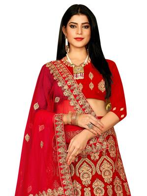 Red Embroidered Velvet Semi Stitched Lehenga 2