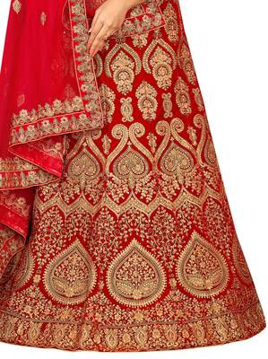 Red Embroidered Velvet Semi Stitched Lehenga 3