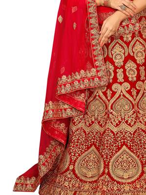 Red Embroidered Velvet Semi Stitched Lehenga 4