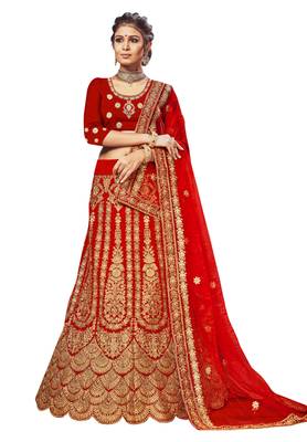 Red Embroidered Velvet Semi Stitched Lehenga 1