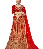 Red Embroidered Velvet Semi Stitched Lehenga