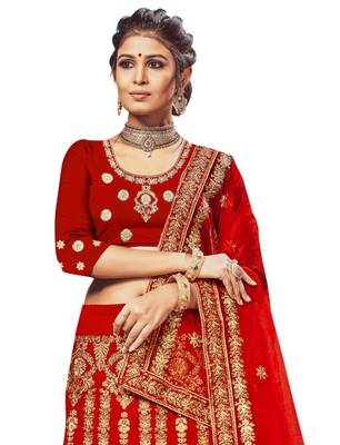 Red Embroidered Velvet Semi Stitched Lehenga 2