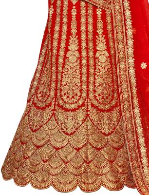 Red Embroidered Velvet Semi Stitched Lehenga 3