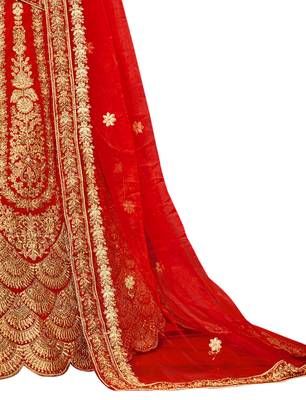 Red Embroidered Velvet Semi Stitched Lehenga 4