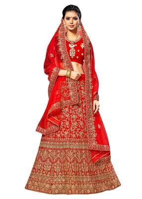 Red Embroidered Velvet Semi Stitched Lehenga 1