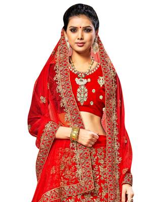 Red Embroidered Velvet Semi Stitched Lehenga 2