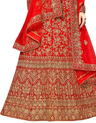 Red Embroidered Velvet Semi Stitched Lehenga 3