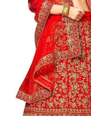 Red Embroidered Velvet Semi Stitched Lehenga 4