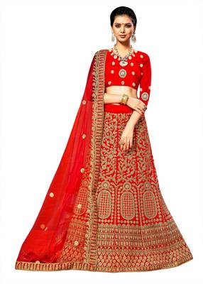 Red Embroidered Velvet Semi Stitched Lehenga 1