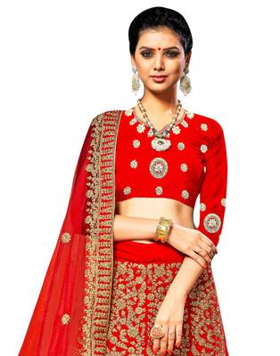 Red Embroidered Velvet Semi Stitched Lehenga 2
