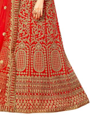 Red Embroidered Velvet Semi Stitched Lehenga 3