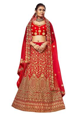 Red Embroidered Velvet Semi Stitched Lehenga 1