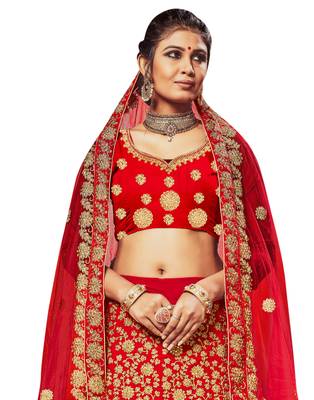 Red Embroidered Velvet Semi Stitched Lehenga 2