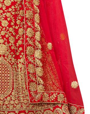 Red Embroidered Velvet Semi Stitched Lehenga 4