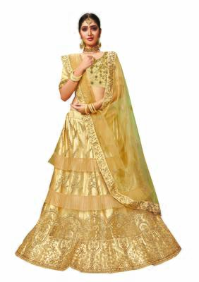 Beige Embroidered Net Semi Stitched Lehenga 1
