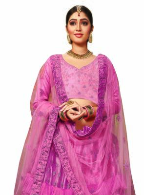 Purple Embroidered Net Semi Stitched Lehenga 3