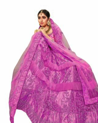 Purple Embroidered Net Semi Stitched Lehenga 4