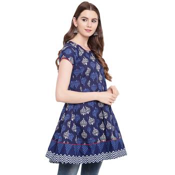 Blue printed cotton short-kurtis 3