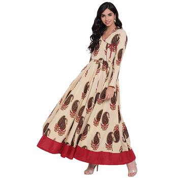 Cream printed cotton long-kurtis 1