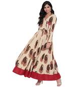 Cream printed cotton long-kurtis