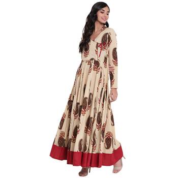 Cream printed cotton long-kurtis 2