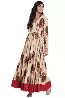 Cream printed cotton long-kurtis