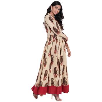 Cream printed cotton long-kurtis 3