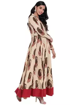 Cream printed cotton long-kurtis