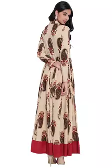 Cream printed cotton long-kurtis