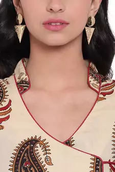 Cream printed cotton long-kurtis