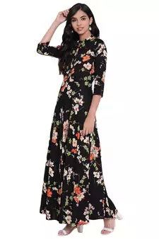 Black printed viscose rayon long-kurtis